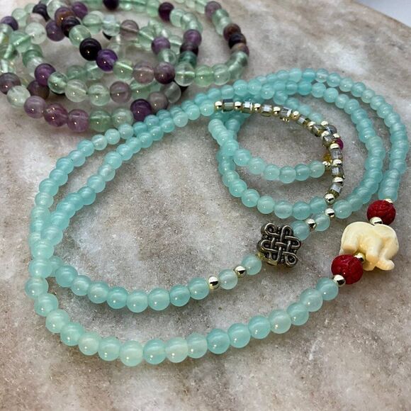 Gemstone Blue Beryl Flourite Crystal Elephant Natural Gem Necklace Bracelet 28” - Picture 3 of 5